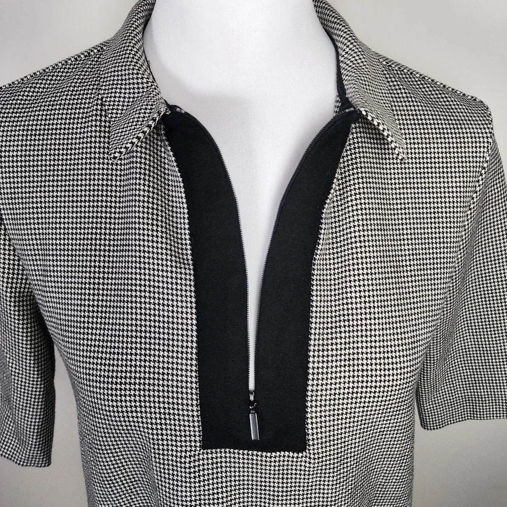 Zara Houndstooth Top Blouse Womens XS Black White Collared 1/4 Zip Preppy Office - Picture 6 of 12